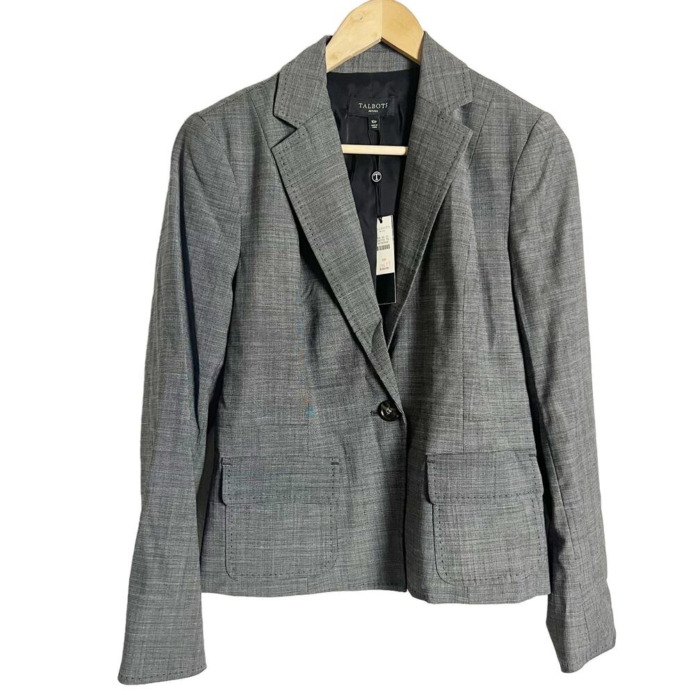 Talbots Gray Black Wool Blend One Button Blazer Jacket Size 10P
